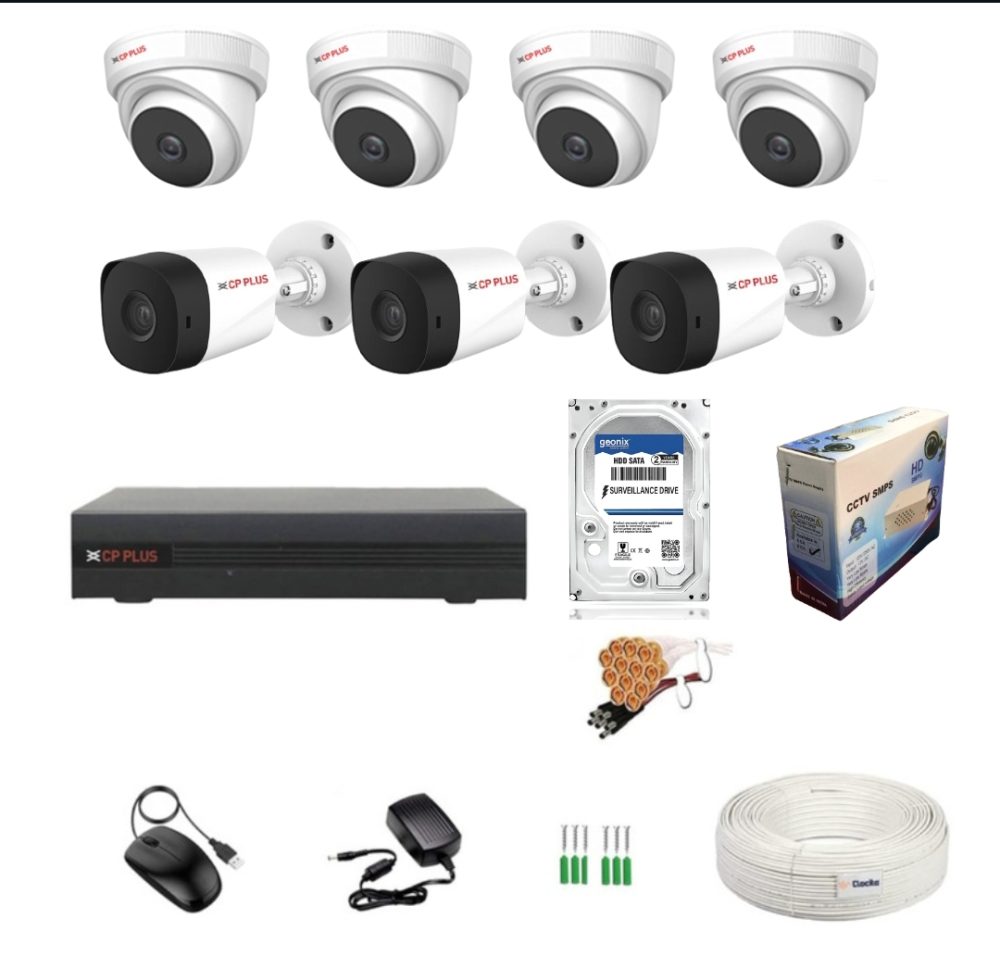 CP Plus 8 Channel DVR with 2.4MP 4 Dome & 3 Bullet Cameras (Day/Night Vision) + 500GB HDD + [3+1 Wire 90mtr] + 8 CH Power Supply + BNC & DC Full Combo Kit