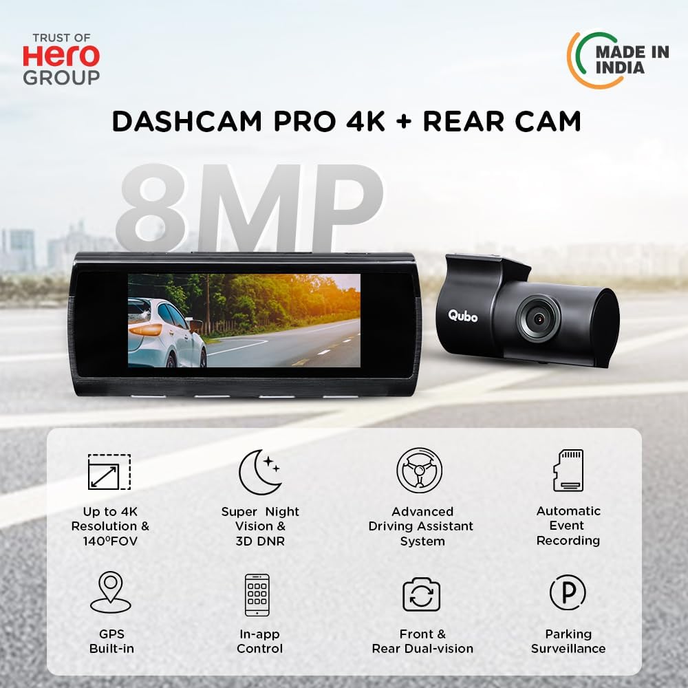 Qubo Car Dash Camera True 4K 2160P UHD Dual Channel from Hero Group, Made in India, ADAS, Front 2160P and Rear 1080P, Built-in Wi-Fi, GPS Log, 2.8" Display, 140° Wide Angle, Supports Up to 1TB SD Card - Image 2